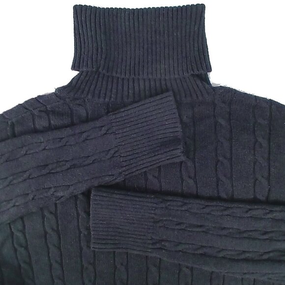 Lands' End Dark Blue Navy Warm Cable Knit Cotton Wool Turtleneck Long Sweater - Picture 4 of 7